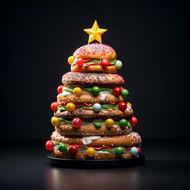 een kerstboom met snoepjes en een stervormige bovenkant met de tekst "donuts" erop.