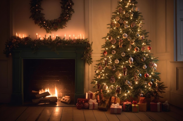 Een kerstboom wordt verlicht door een open haard met cadeautjes eronder.