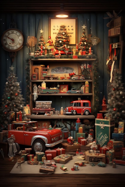 een kerstdisplay met een afbeelding van een brandweerwagen en een bord met de tekst 'kerstmis quot'
