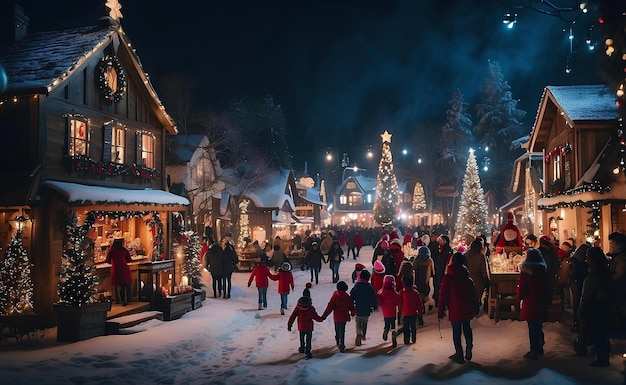 Een kerstdorp met mooie lichten en kinderen.