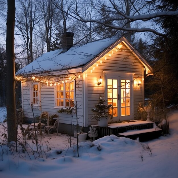 Een kersthuis met versieringen sneeuw en kerstboom voor de wintervakantie kersthuis