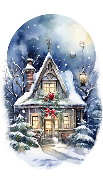 Een kerstkaart met een aquarel afbeelding van een met sneeuw bedekt huis versierd met decoratie voor het nieuwe jaar