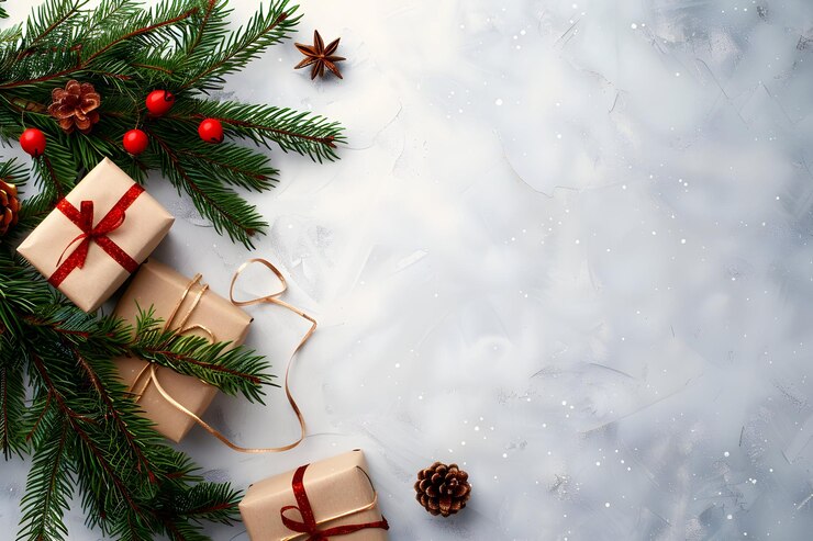 Foto een kerstkaart met een kerstboom en geschenken op een witte achtergrond