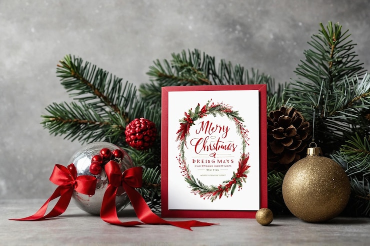 Foto een kerstkaart met een krans waarop staat: vrolijk kerstfeest.