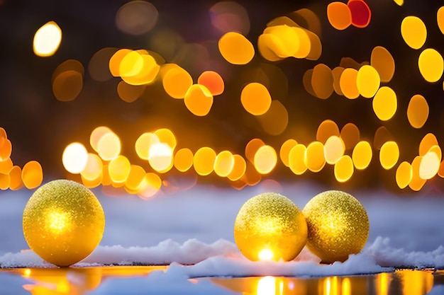 Foto een kerstkaart met gouden ballen op een besneeuwd oppervlak