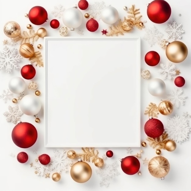 een kerstkrans met rode en gouden versieringen op een witte achtergrond.