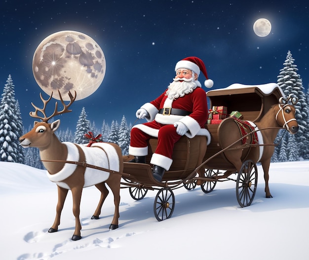 Een kerstman trekt een slee met een volle maan op de achtergrond