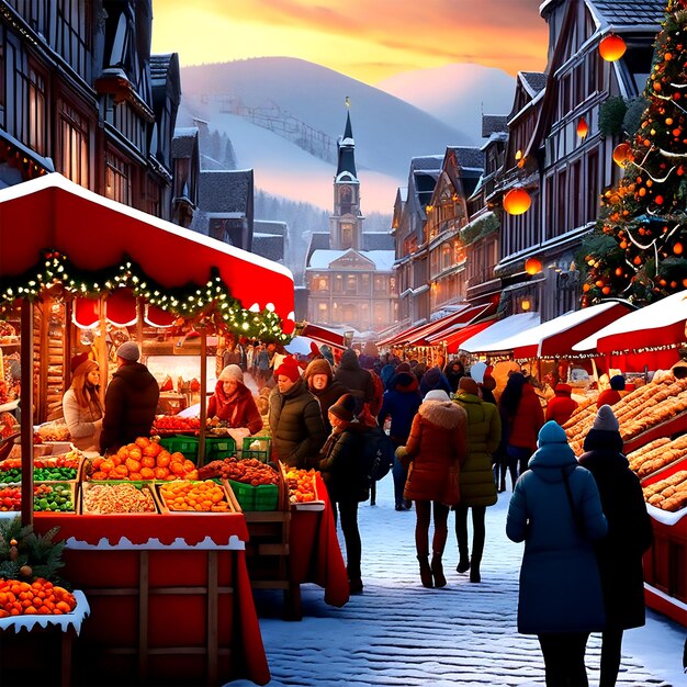 Een kerstmarkt met verkopers die feestelijke lekkernijen en versieringen verkopen