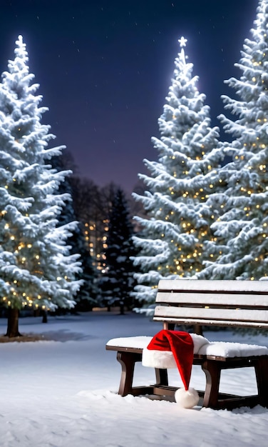 Een kerstmuts rustend op een besneeuwde bank met een achtergrond van verlichte bomen 's nachts