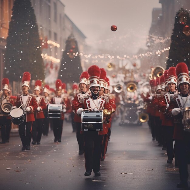 Foto een kerstparade met drijvende bands en de kerstman hd hud ultra 4k fine focus