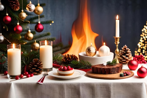 Een kersttafel met een kaars, een kaard, een kerstboom en een kaars.