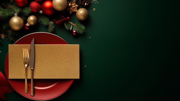 Een kersttafel met een uitnodigingskaart op tafel