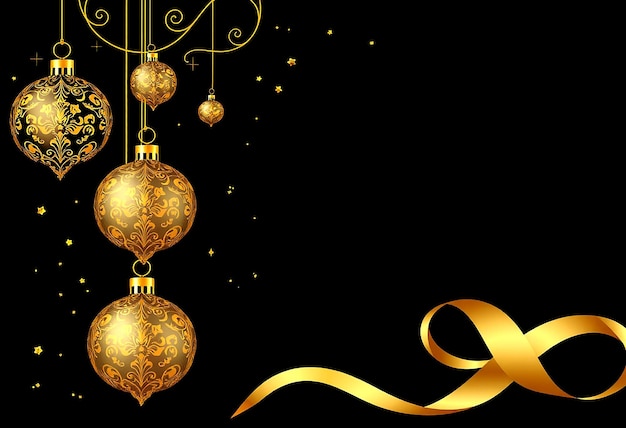 een kerstversiering met gouden linten en een zwarte achtergrond