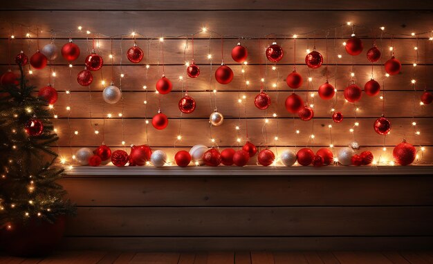 een kerstvertoning met rode ornamenten en witte lichten