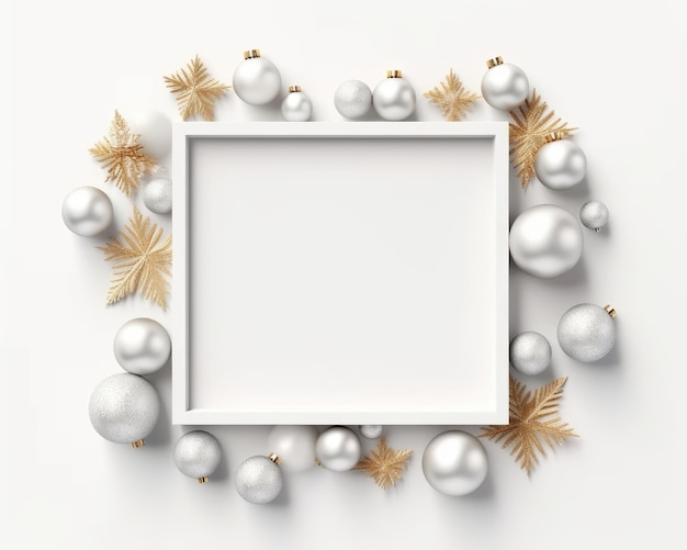 Een kerstwit frame met zilveren ballen en gouden ornamenten