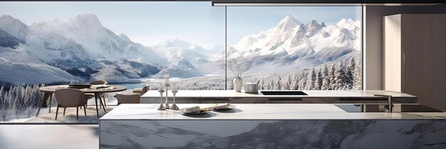 Foto een keuken kijkt uit op het skigebied met omliggende bergen in de stijl van fotorealistische compositie