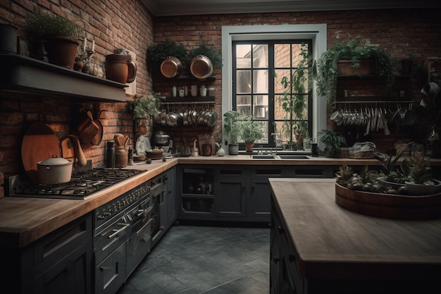 Foto een keuken met een bakstenen muur en een bakstenen muur met potten en pannen erop.