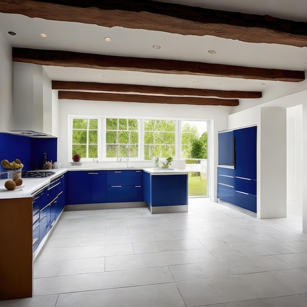Een keuken met een blauw eiland met een wit aanrechtblad en krukken