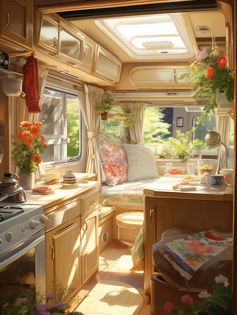 een keuken met een fornuis, een gootsteen en een raam met een bloempot op het aanrecht.