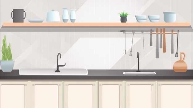 een keuken met een gootsteen en een plank met een plant erop