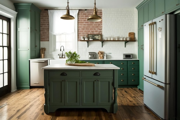 Een keuken met een groen kookeiland met een witte koelkast en een witte koelkast.