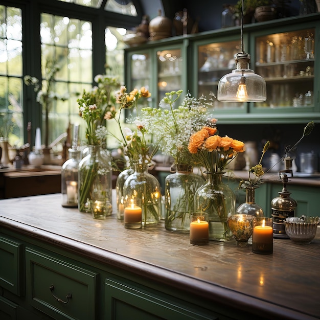 een keuken met een groene kast met kaarsen en bloemen erop