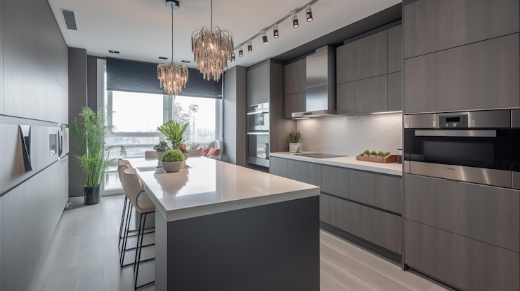 Foto een keuken met een groot eiland en een groot raam dat zegt 'de keuken staat in open verbinding met de woonkamer'