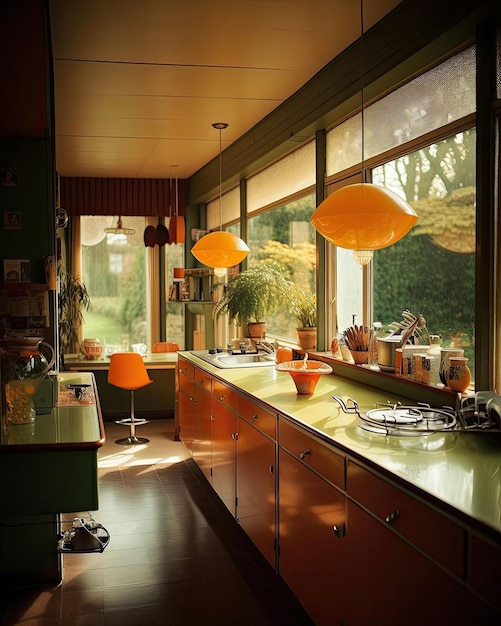 Een keuken met een groot raam met een groen gordijn en een lamp eraan.