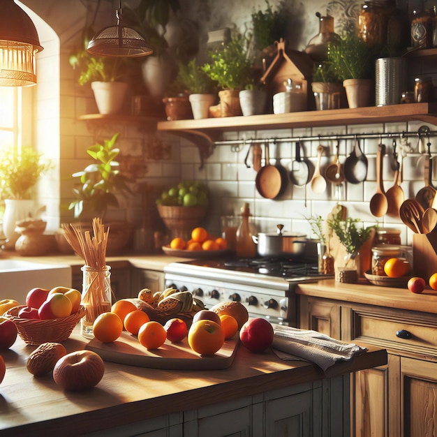 een keuken met een hoop fruit en groenten op een toonbank