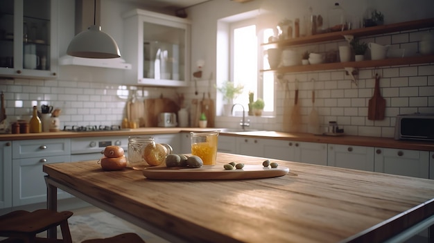 Een keuken met een houten tafel en een aanrecht.