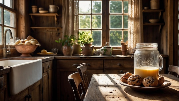 een keuken met een raam en een bord koekjes en een fles sinaasappelsap