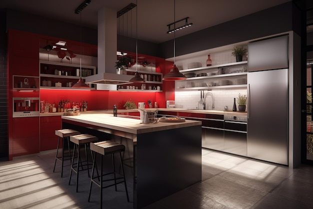 Een keuken met een rode muur en een zwart aanrecht met krukken en een wit aanrecht met een rood lampje erop.