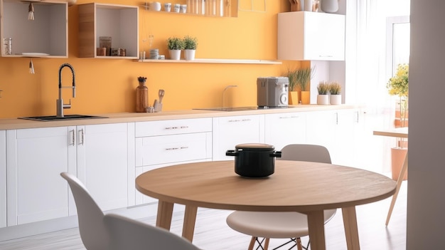 Een keuken met een tafel en stoelen en een pot erop