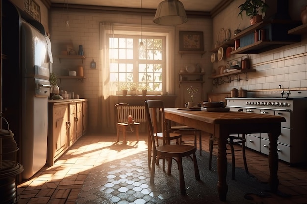 Een keuken met een tafel en stoelen en een raam met een potplant erop.