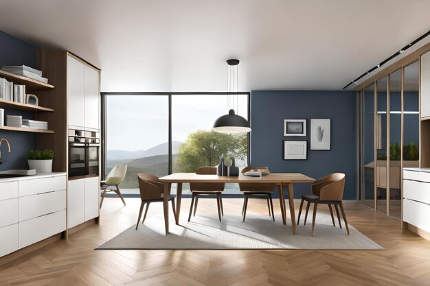 Een keuken met een tafel en stoelen en een uitzicht op de bergen