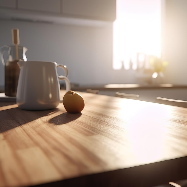 Een keuken met een witte mok en een citroen op een houten tafel.