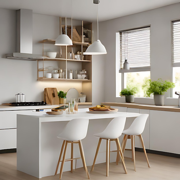 een keuken met een witte toonbank en witte stoelen en een raam met blinds