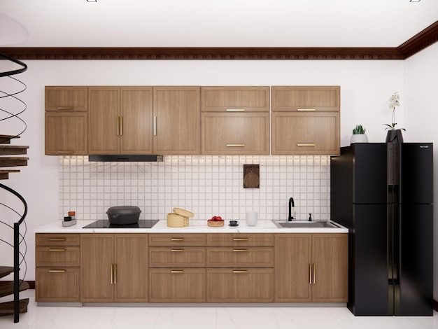Een keuken met een zwarte koelkast en een zwarte koelkast