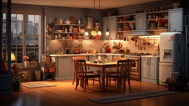 Een keuken met eetkamer isometrisch interieurontwerp 3D-rendering