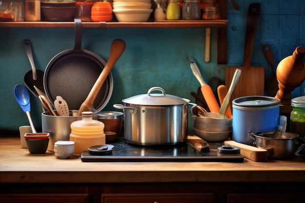 Een keuken met potten en pannen op de kachel en een houten lepel op de toonbank.