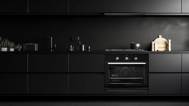 Foto een keuken met zwarte kasten en een zwarte kachel