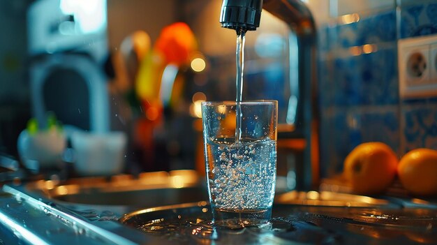 Foto een keukenkraan vangt water in een glas en vult het met helder zuiver drinkwater.