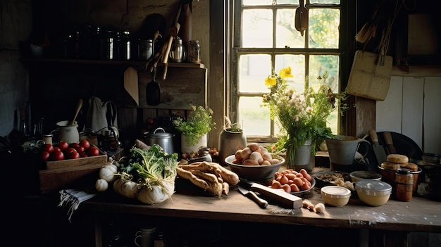 Foto een keukentafel gevuld met eieren en groenten