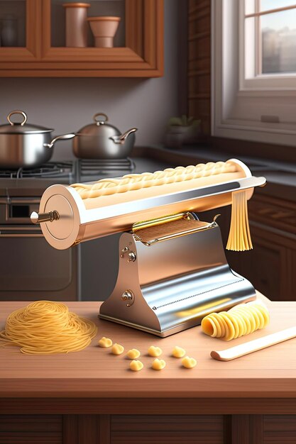 een keukentafel met een grote metalen rolspeld en pasta erop.