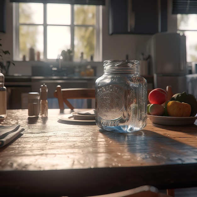 Een keukentafel met een kan water erop en een bord fruit erop.