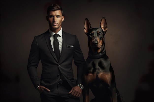 Een keurige man in een maatpak die zelfverzekerd met zijn trouwe doberman pinscher staat