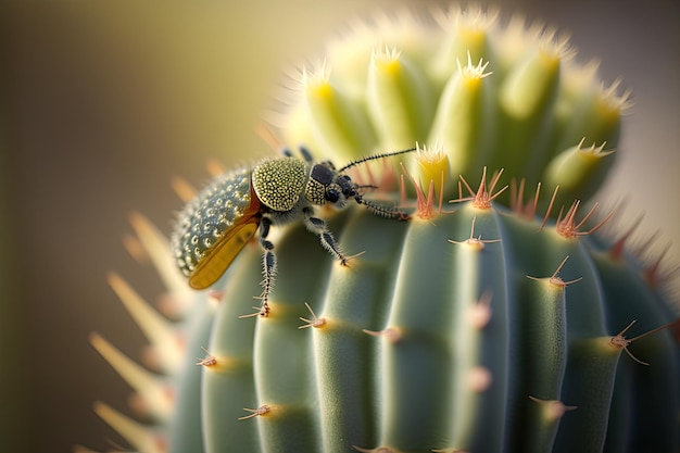 Een kever op een cactus in macroclose-up die de ingewikkelde details van de natuur laat zien. Gegenereerd door AI