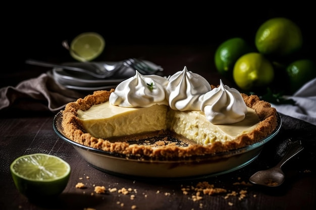 Een key lime pie met een plakje eruit gehaald.