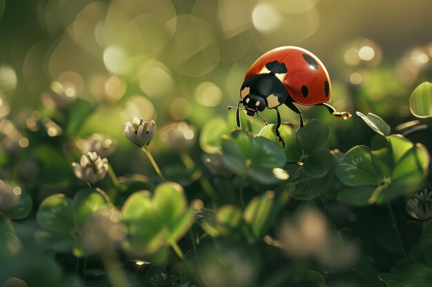 Een kijkje in de microcosmos Het onzichtbare leven van een lieveheersbeestje in een groen klaverveld