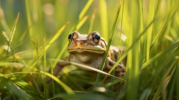 Foto een kikker die in het gras zit